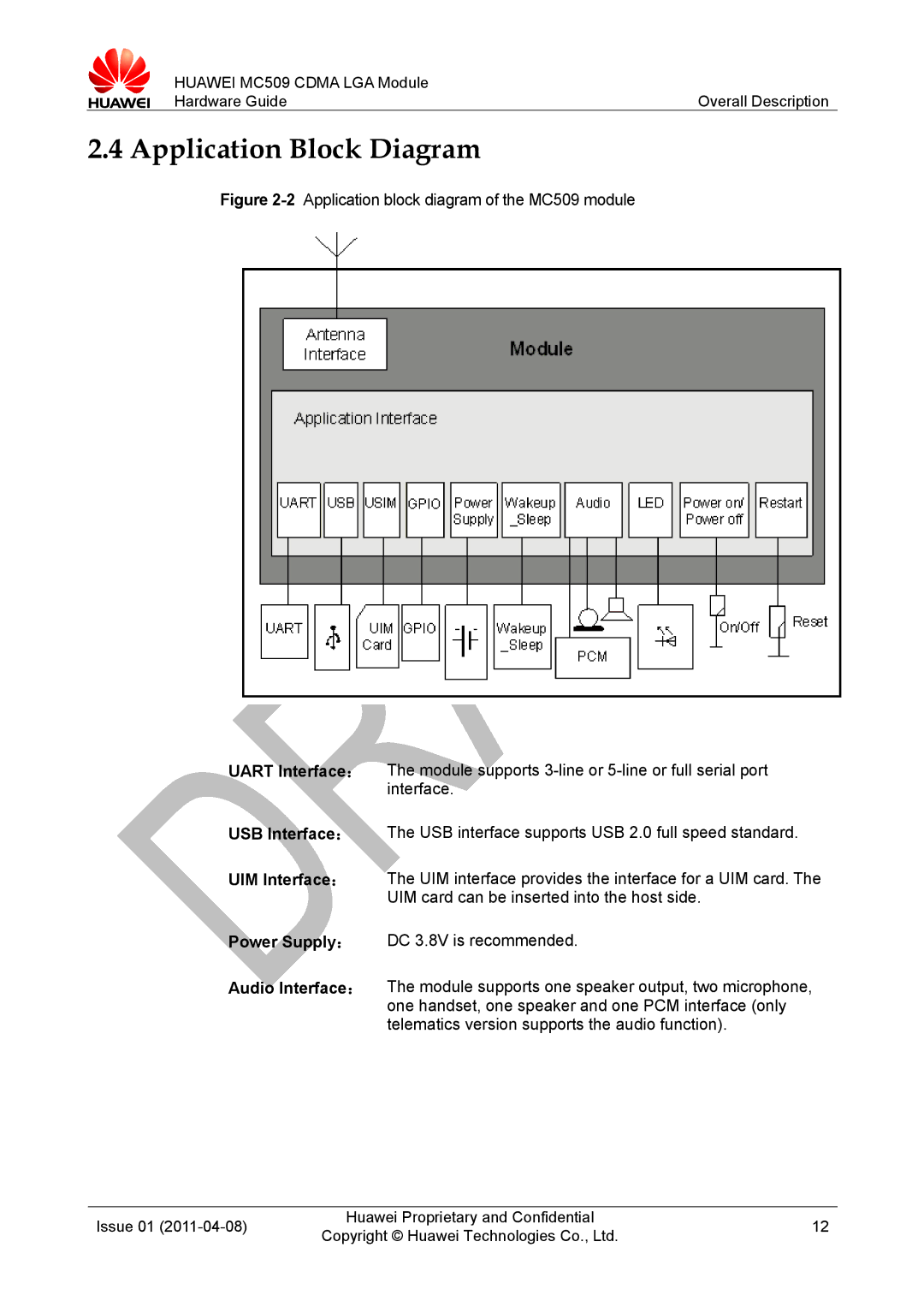 Huawei MC509 CDMA LGA manual Application Block Diagram, 2Application block diagram of the MC509 module 