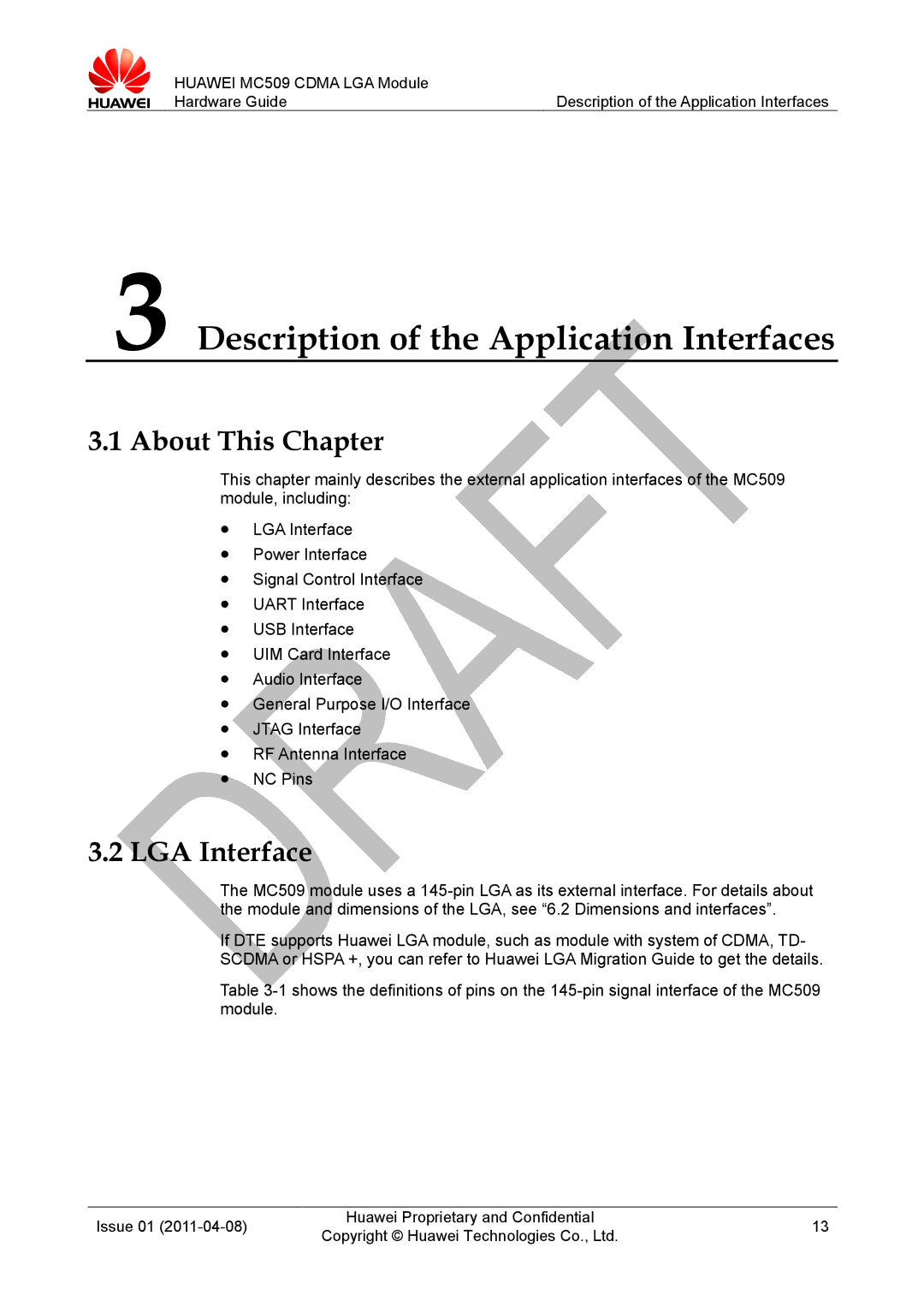 Huawei MC509 CDMA LGA manual Description of the Application Interfaces, LGA Interface 