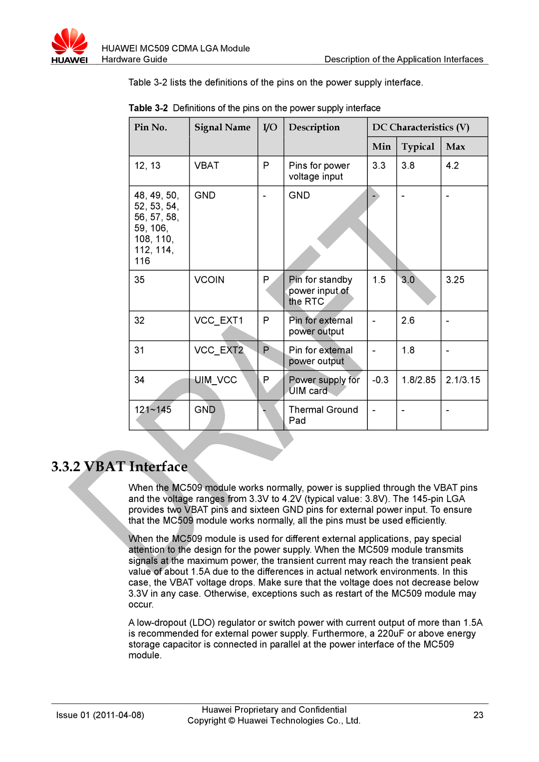 Huawei MC509 CDMA LGA manual Vbat Interface 