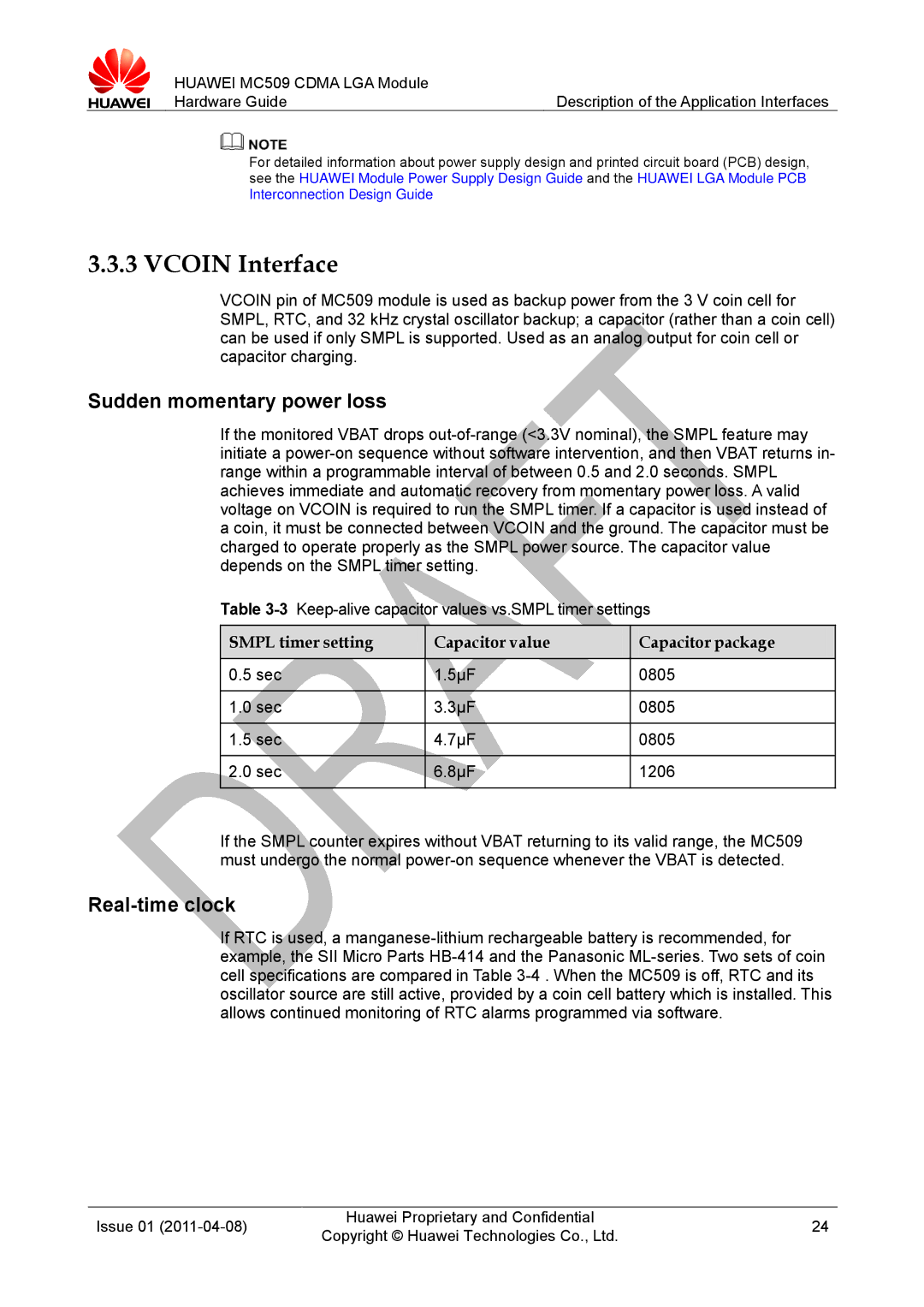 Huawei MC509 CDMA LGA manual Vcoin Interface, Sudden momentary power loss, Real-time clock, Sec 5μF 0805 3μF 7μF 8μF 1206 