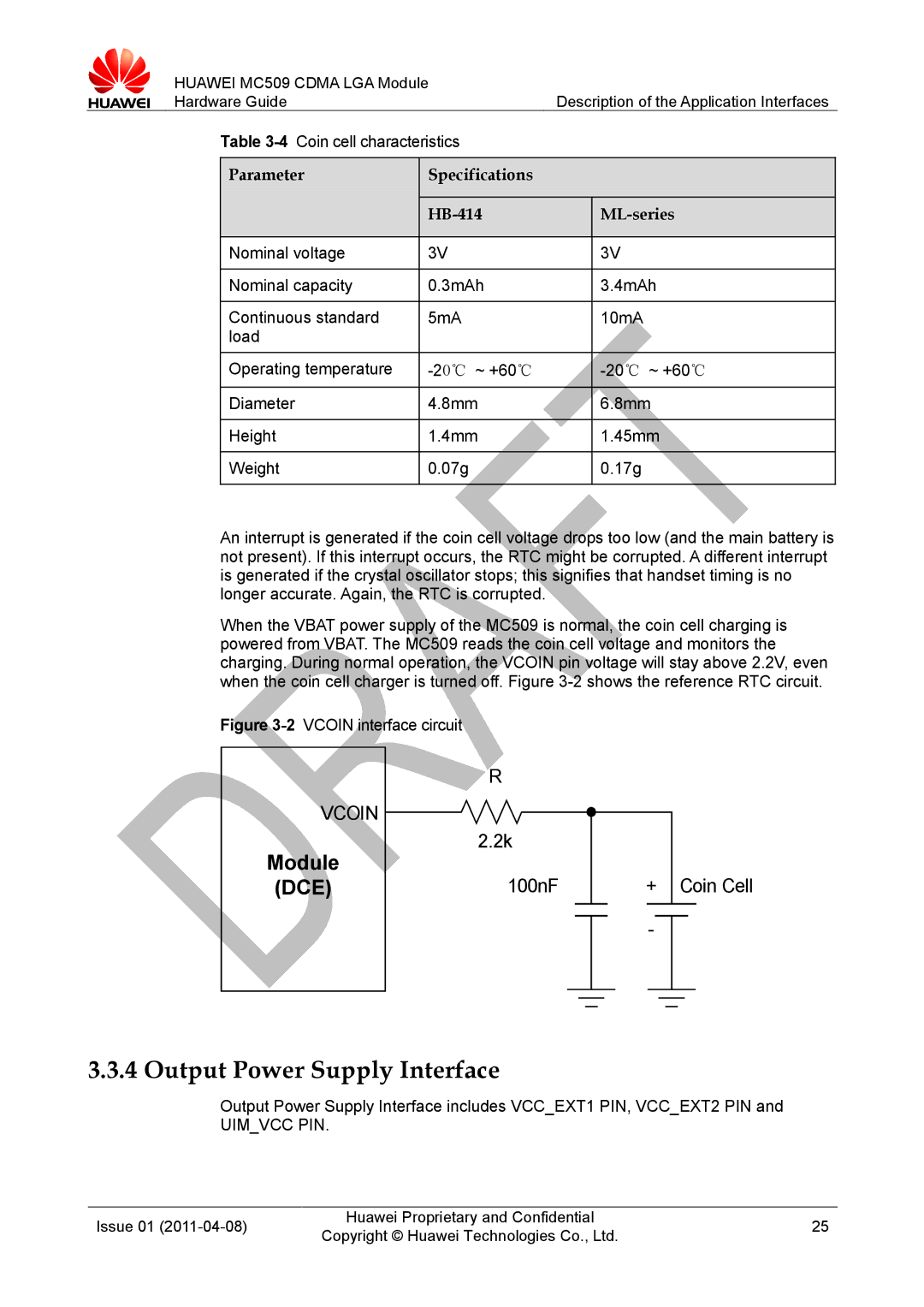 Huawei MC509 CDMA LGA Output Power Supply Interface, 4Coin cell characteristics, Parameter Specifications HB-414 ML-series 