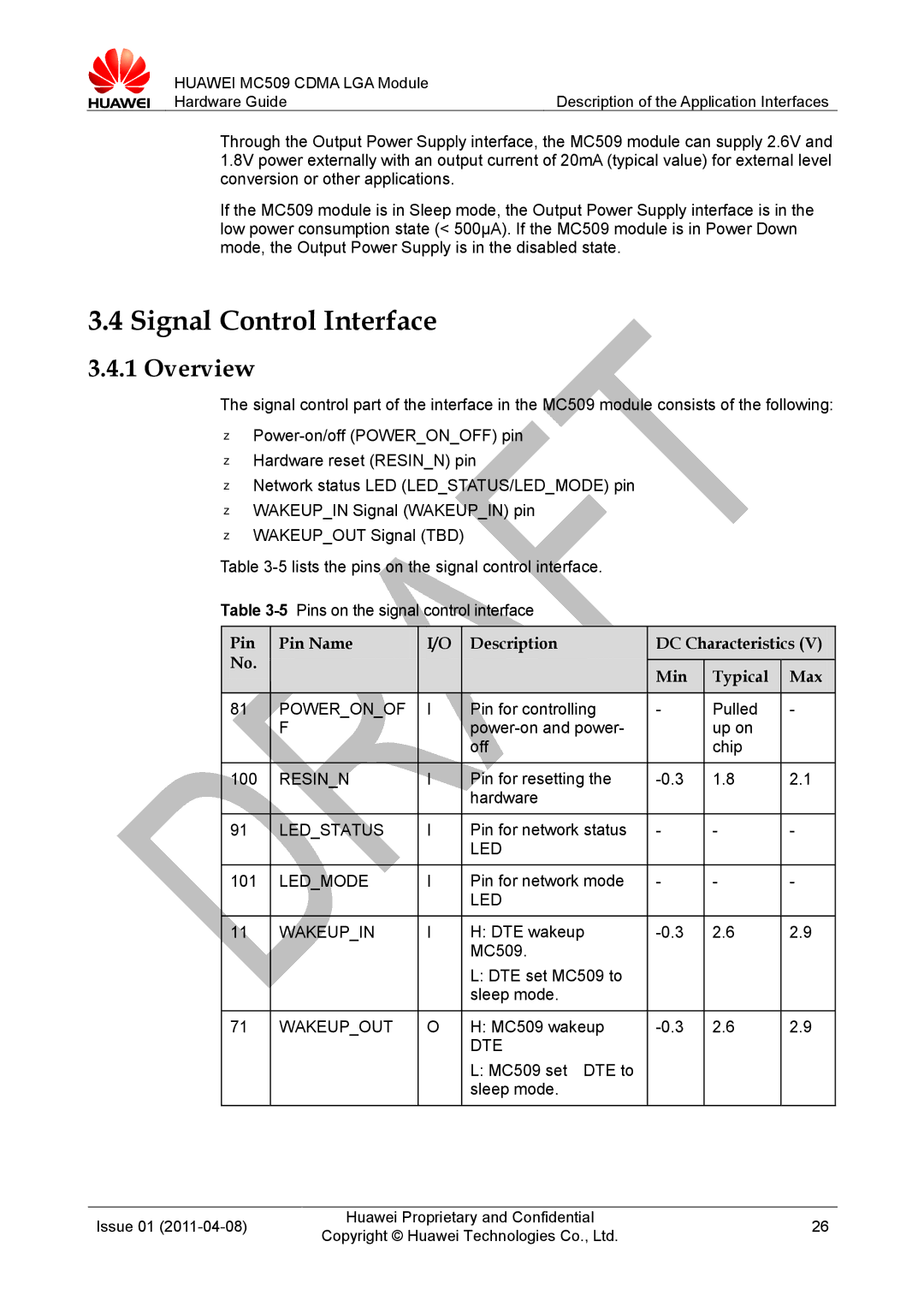 Huawei MC509 CDMA LGA manual Signal Control Interface, Pin Pin Name Description DC Characteristics Min Typical Max 