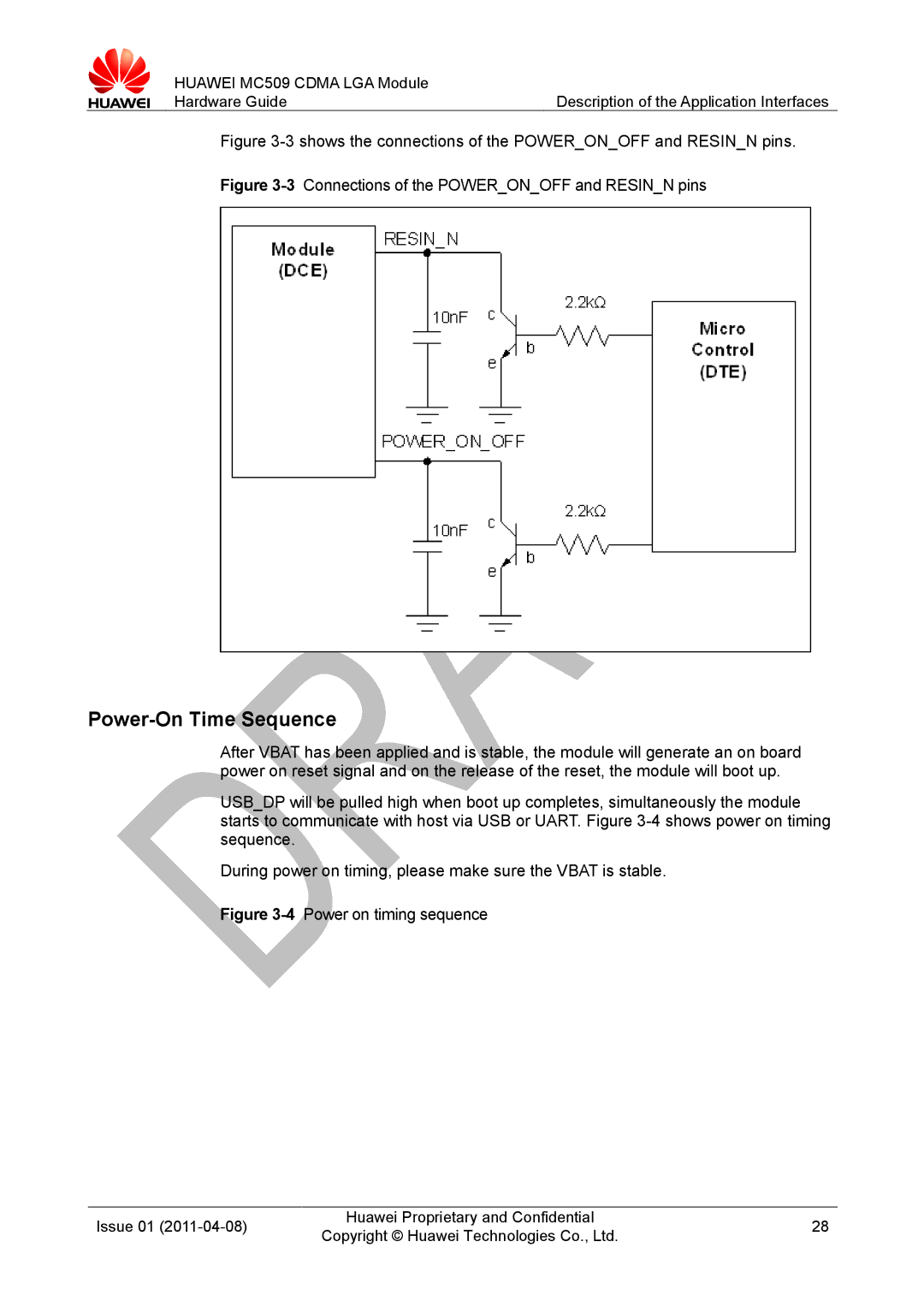 Huawei MC509 CDMA LGA manual Power-On Time Sequence, 3shows the connections of the Poweronoff and Resinn pins 