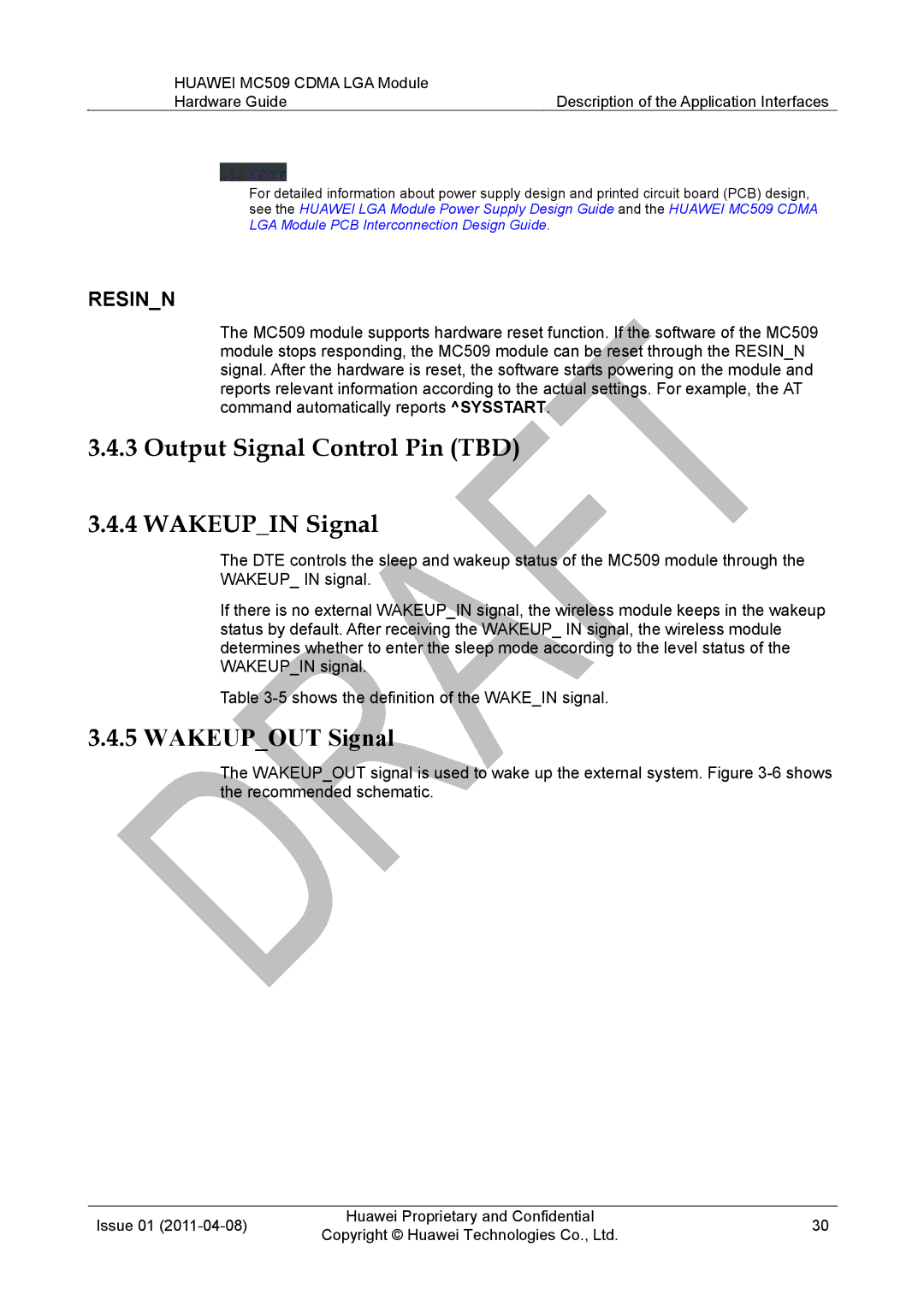 Huawei MC509 CDMA LGA manual Output Signal Control Pin TBD Wakeupin Signal, Resinn 