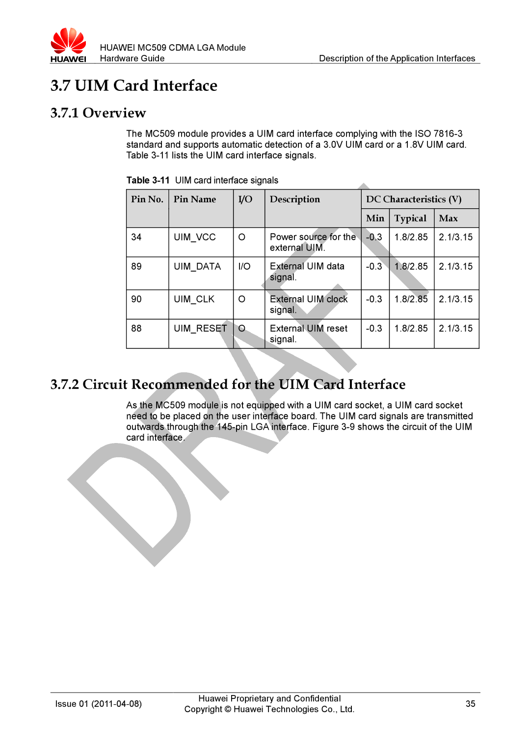 Huawei MC509 CDMA LGA manual Circuit Recommended for the UIM Card Interface 