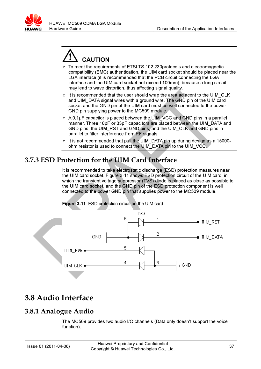 Huawei MC509 CDMA LGA manual Audio Interface, ESD Protection for the UIM Card Interface, Analogue Audio 