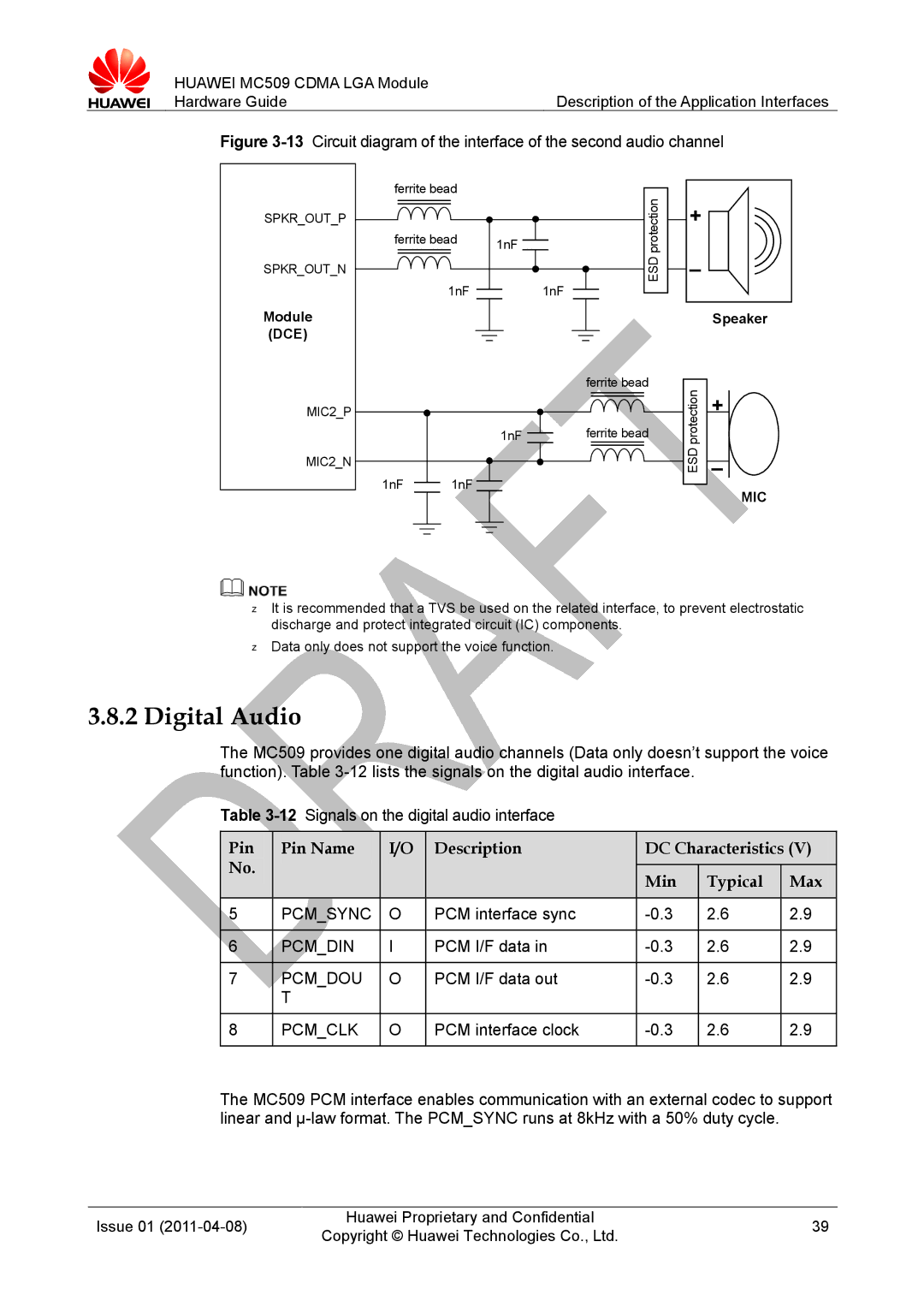 Huawei MC509 CDMA LGA manual Digital Audio, Pcmsync, Pcmdin, Pcmdou, Pcmclk 