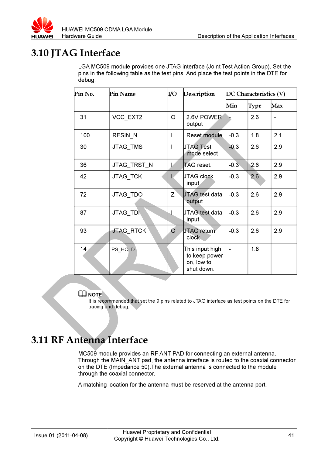 Huawei MC509 CDMA LGA Jtag Interface, RF Antenna Interface, Pin No Pin Name Description DC Characteristics Min Type Max 