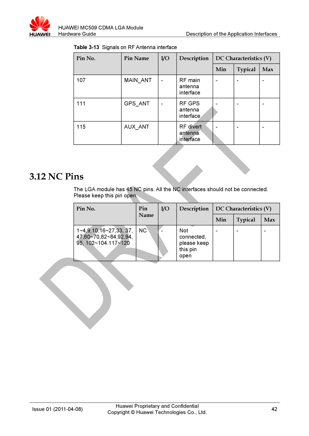 Huawei MC509 CDMA LGA manual NC Pins, Gpsant RF GPS, Pin No Description DC Characteristics Name Min Typical Max 