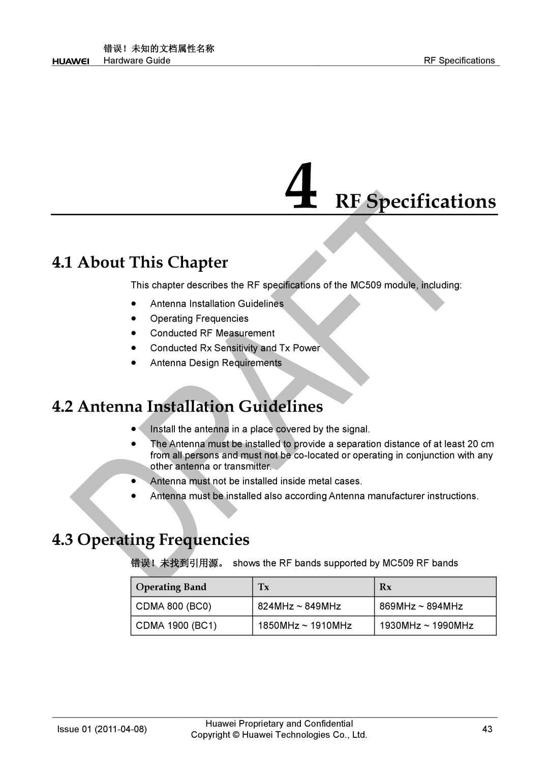 Huawei MC509 CDMA LGA manual RF Specifications, Antenna Installation Guidelines, Operating Frequencies, Operating Band 