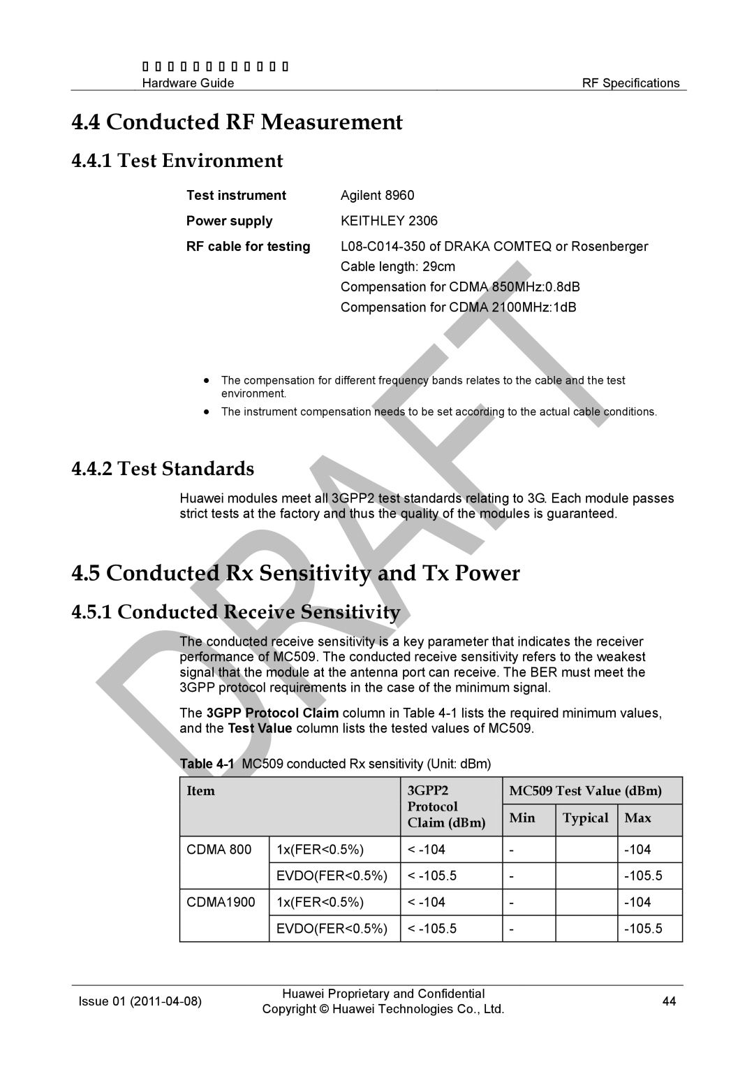 Huawei MC509 CDMA LGA Conducted RF Measurement, Conducted Rx Sensitivity and Tx Power, Test Environment, Test Standards 