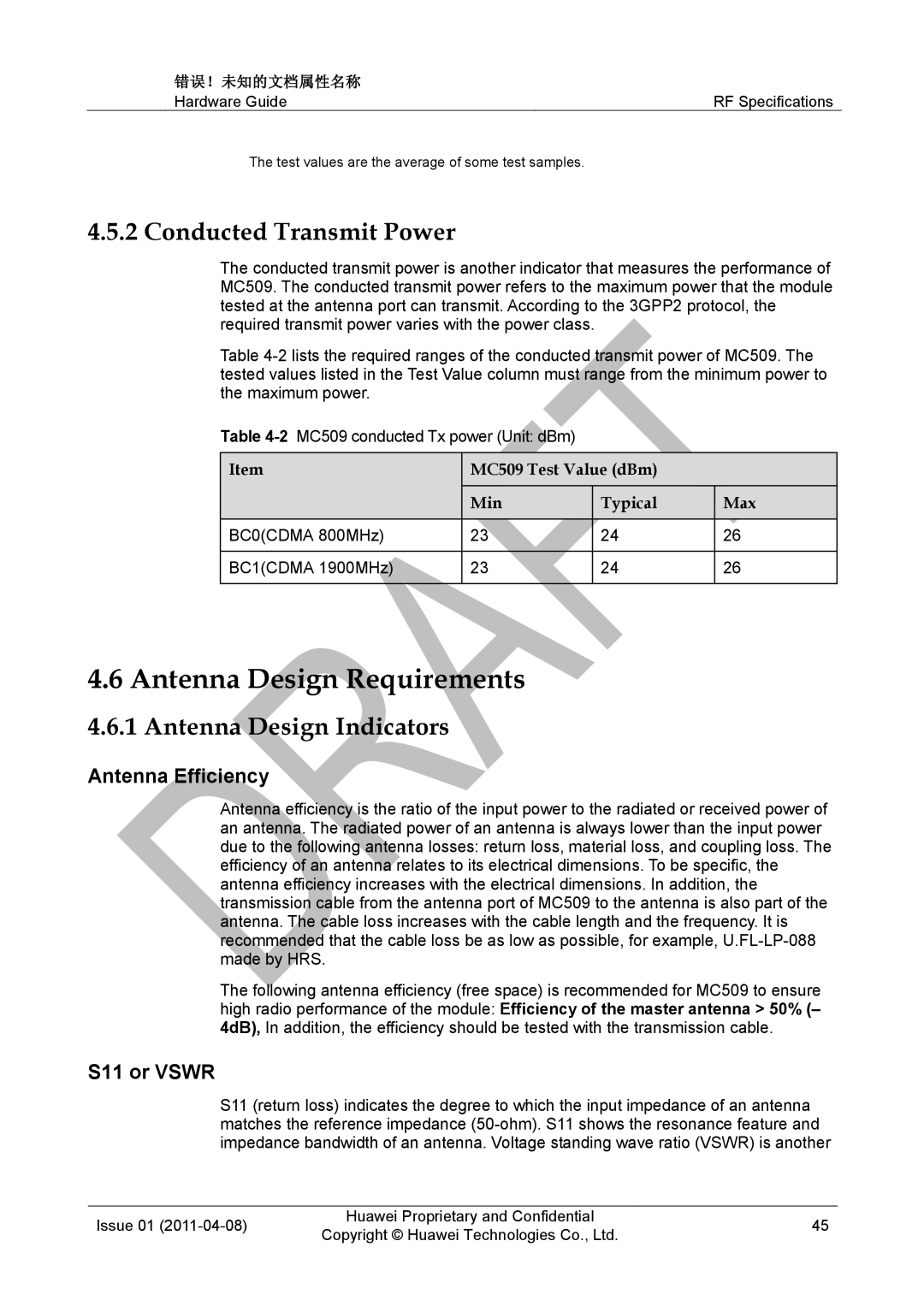 Huawei MC509 CDMA LGA Antenna Design Requirements, Conducted Transmit Power, Antenna Design Indicators, Antenna Efficiency 
