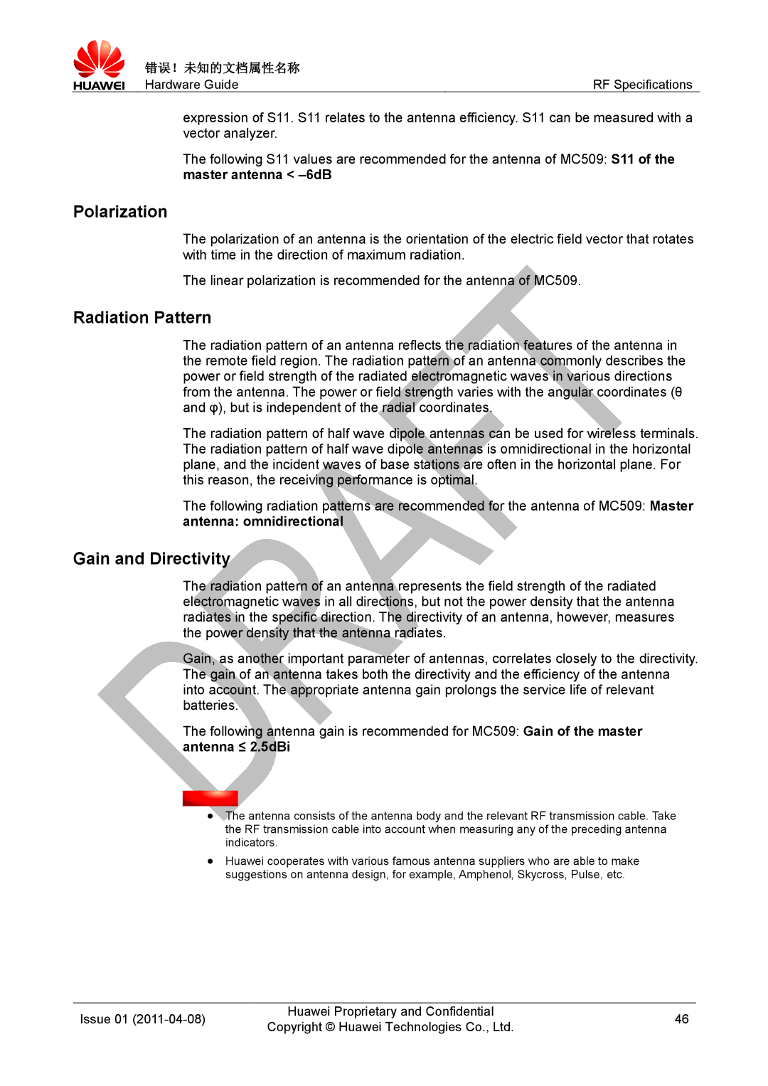 Huawei MC509 CDMA LGA manual Polarization, Radiation Pattern, Gain and Directivity 