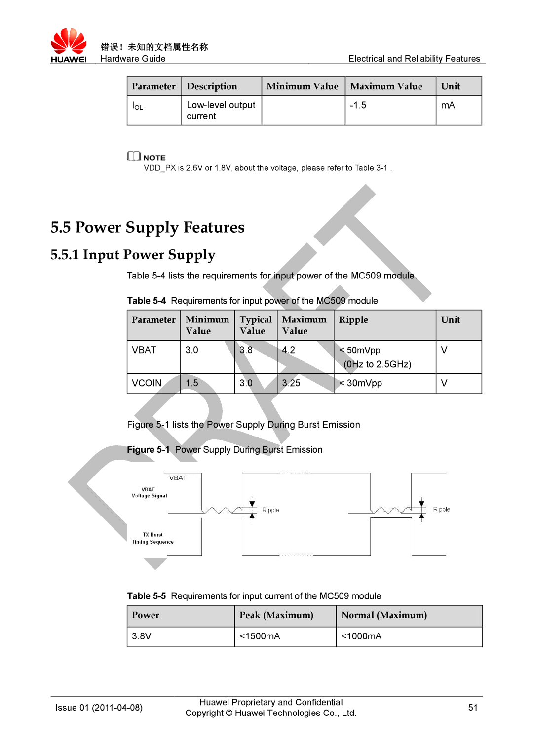 Huawei MC509 CDMA LGA manual Power Supply Features, Input Power Supply, Parameter Minimum Typical Maximum Ripple Unit Value 