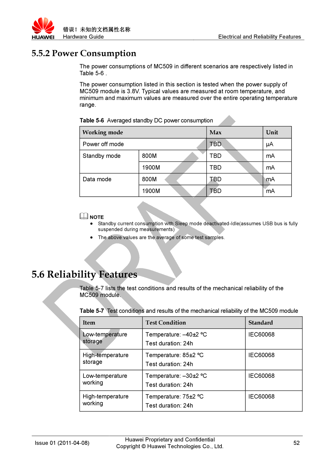 Huawei MC509 CDMA LGA manual Reliability Features, Power Consumption, Working mode Max Unit, Test Condition Standard 