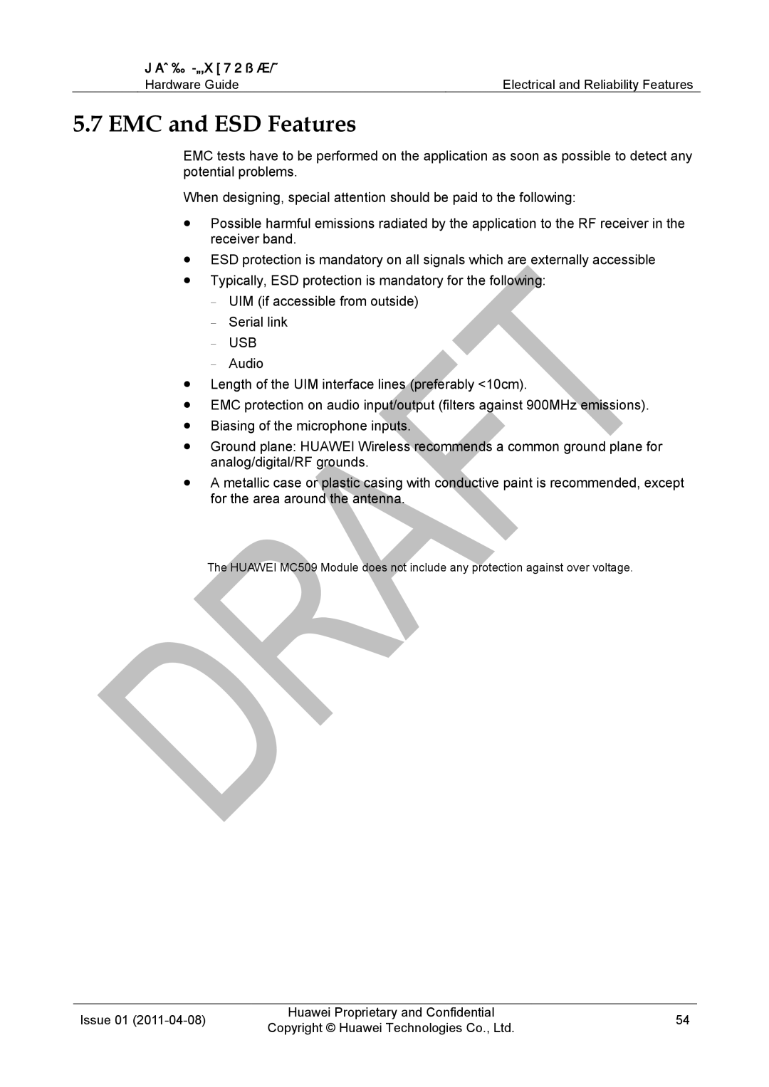 Huawei MC509 CDMA LGA manual EMC and ESD Features, Usb 