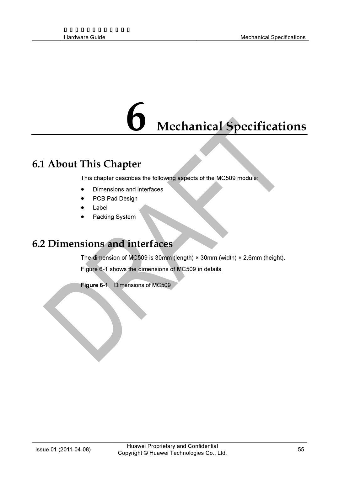 Huawei MC509 CDMA LGA manual Mechanical Specifications, Dimensions and interfaces 