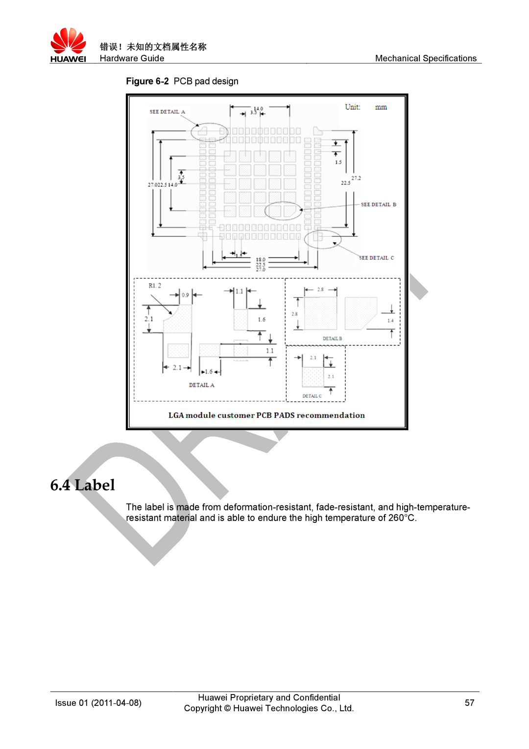 Huawei MC509 CDMA LGA manual Label, 2PCB pad design 