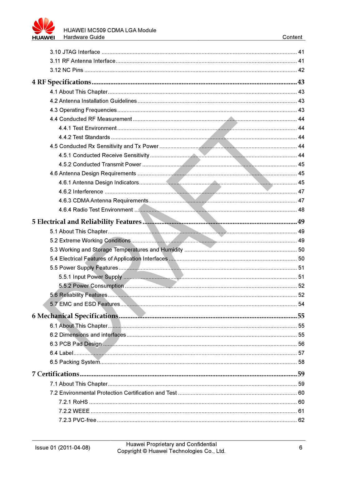 Huawei MC509 CDMA LGA manual Electrical and Reliability Features 