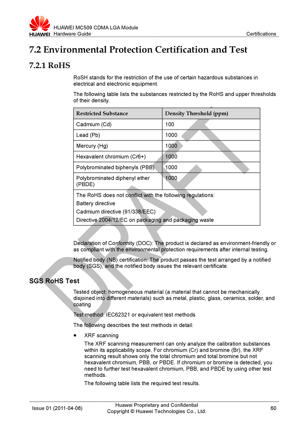 Huawei MC509 CDMA LGA manual Environmental Protection Certification and Test, SGS RoHS Test, Pbde 