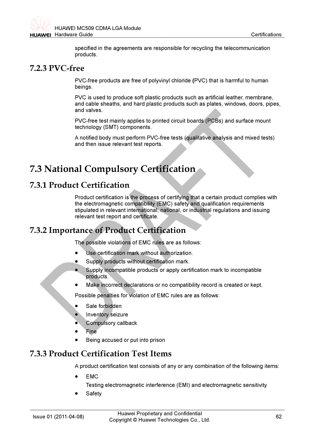 Huawei MC509 CDMA LGA manual National Compulsory Certification, PVC-free, Product Certification Test Items 