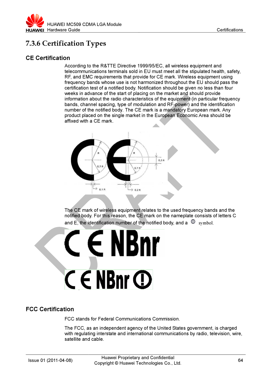 Huawei MC509 CDMA LGA manual Certification Types, CE Certification, FCC Certification 