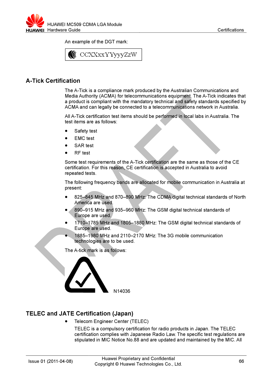 Huawei MC509 CDMA LGA manual Tick Certification, Telec and Jate Certification Japan, An example of the DGT mark 