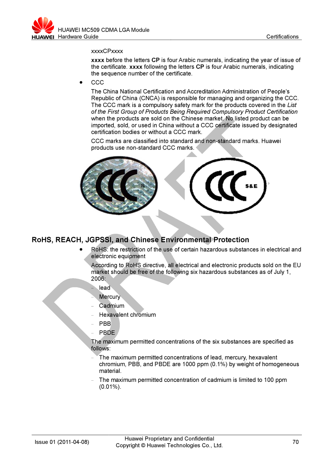 Huawei MC509 CDMA LGA manual RoHS, REACH, JGPSSI, and Chinese Environmental Protection,  Ccc, PBB − Pbde 