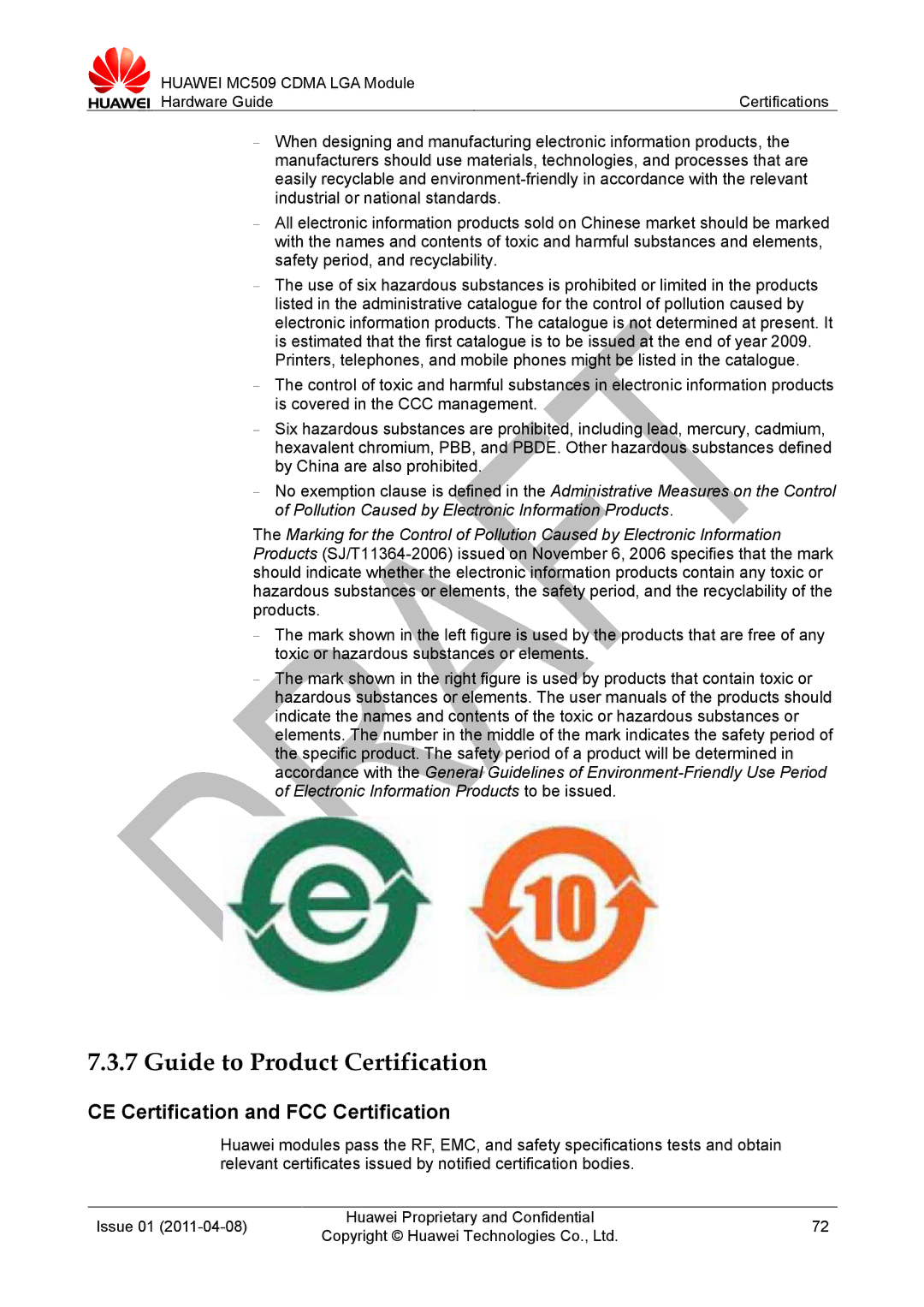 Huawei MC509 CDMA LGA manual Guide to Product Certification, CE Certification and FCC Certification 