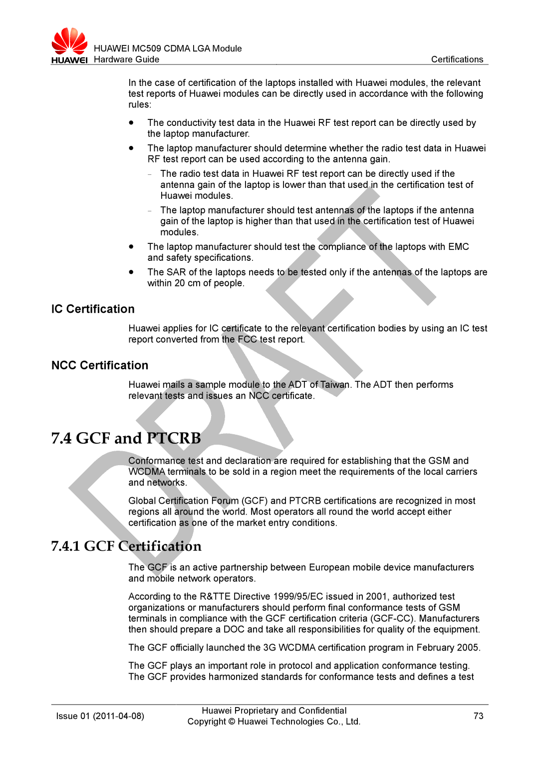 Huawei MC509 CDMA LGA manual GCF and Ptcrb, GCF Certification, IC Certification, NCC Certification 