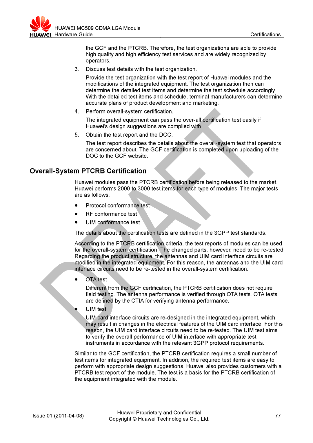 Huawei MC509 CDMA LGA manual Overall-System Ptcrb Certification 