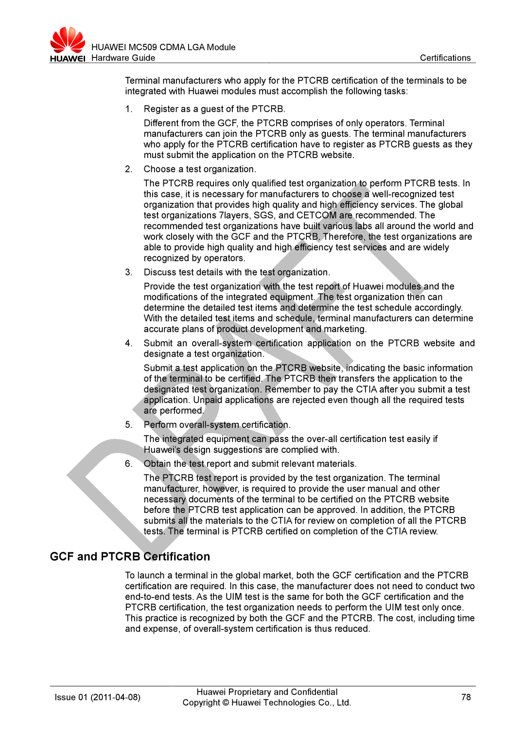 Huawei MC509 CDMA LGA manual GCF and Ptcrb Certification 