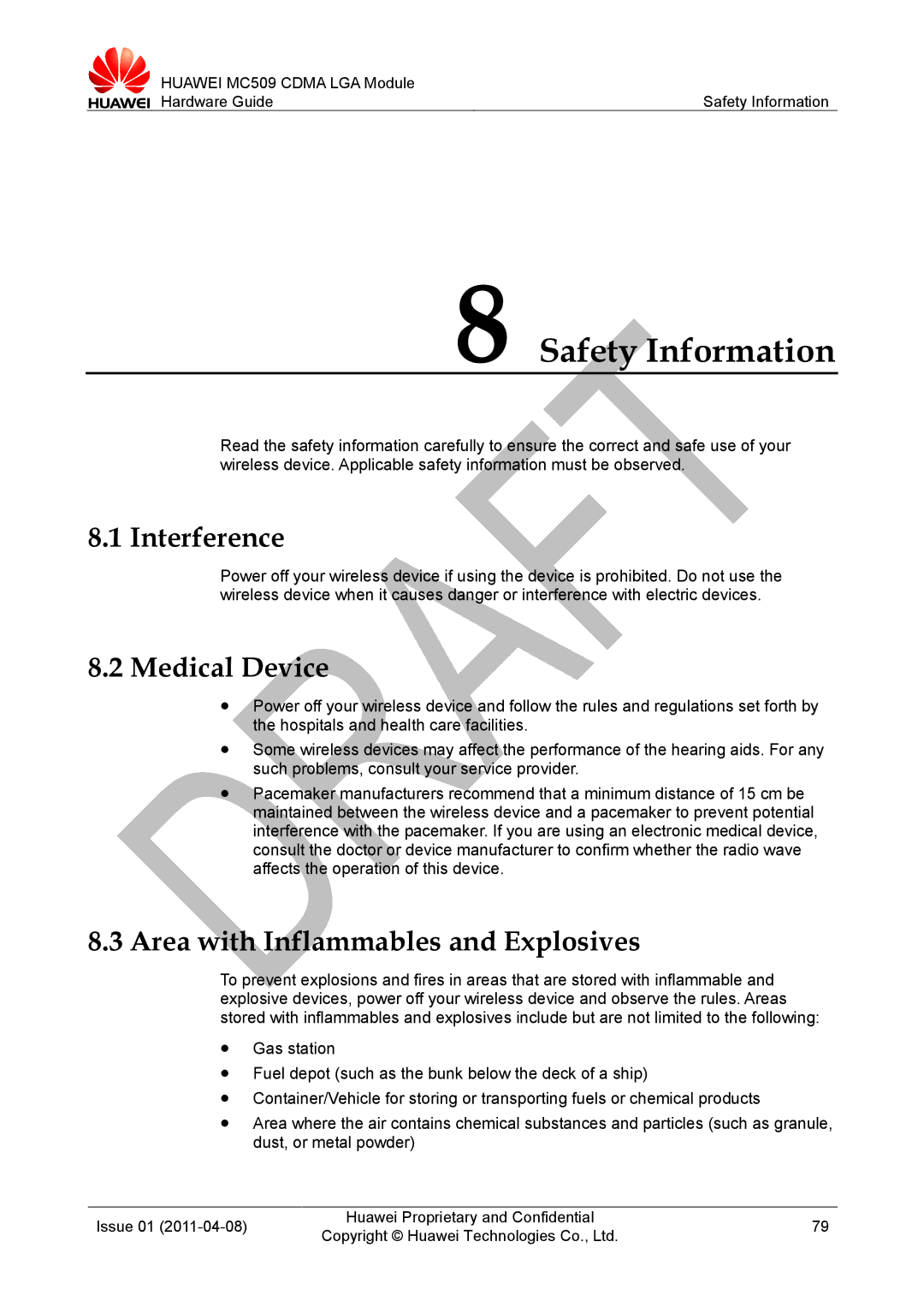 Huawei MC509 CDMA LGA manual Safety Information, Interference, Medical Device, Area with Inflammables and Explosives 