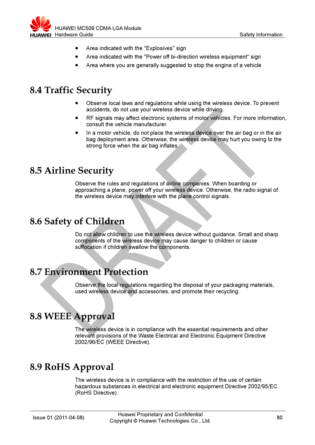 Huawei MC509 CDMA LGA manual Traffic Security, Airline Security, Safety of Children, Environment Protection, Weee Approval 