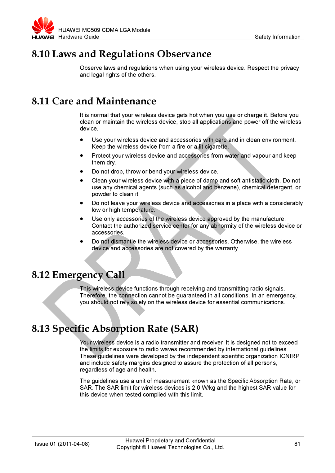 Huawei MC509 CDMA LGA Laws and Regulations Observance, Care and Maintenance, Emergency Call, Specific Absorption Rate SAR 