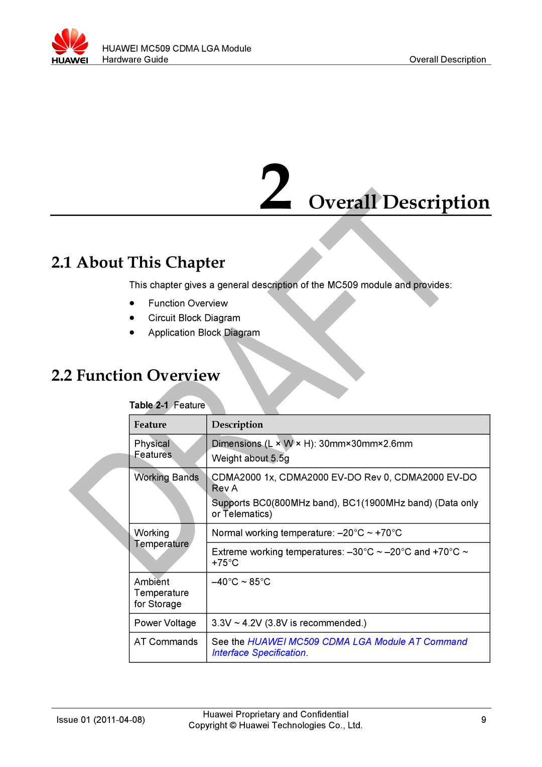 Huawei MC509 CDMA LGA manual Overall Description, About This Chapter, Function Overview, Feature Description 