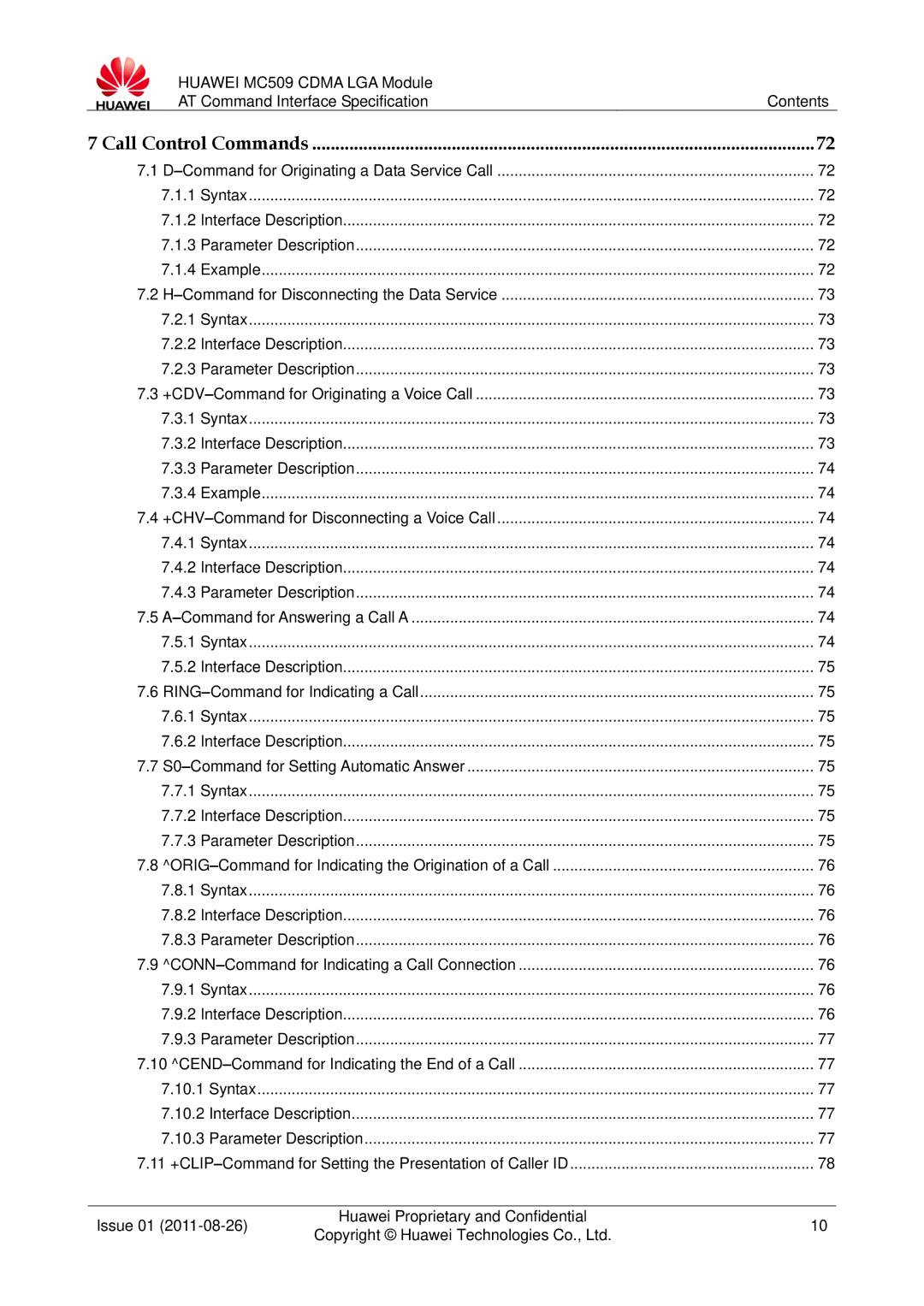 Huawei MC509 manual Call Control Commands 