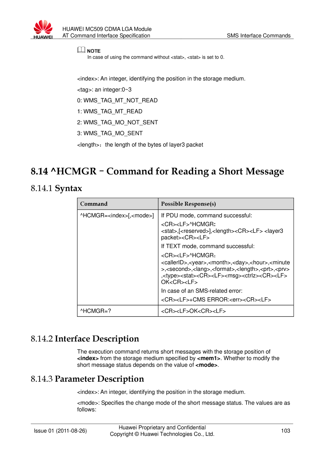 Huawei MC509 manual HCMGR-Command for Reading a Short Message, Crlfhcmgr ：, HCMGR=? Crlfokcrlf 