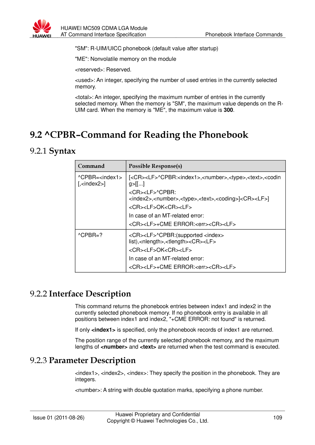 Huawei MC509 manual CPBR-Command for Reading the Phonebook, Crlfcpbr, Cpbr=? 