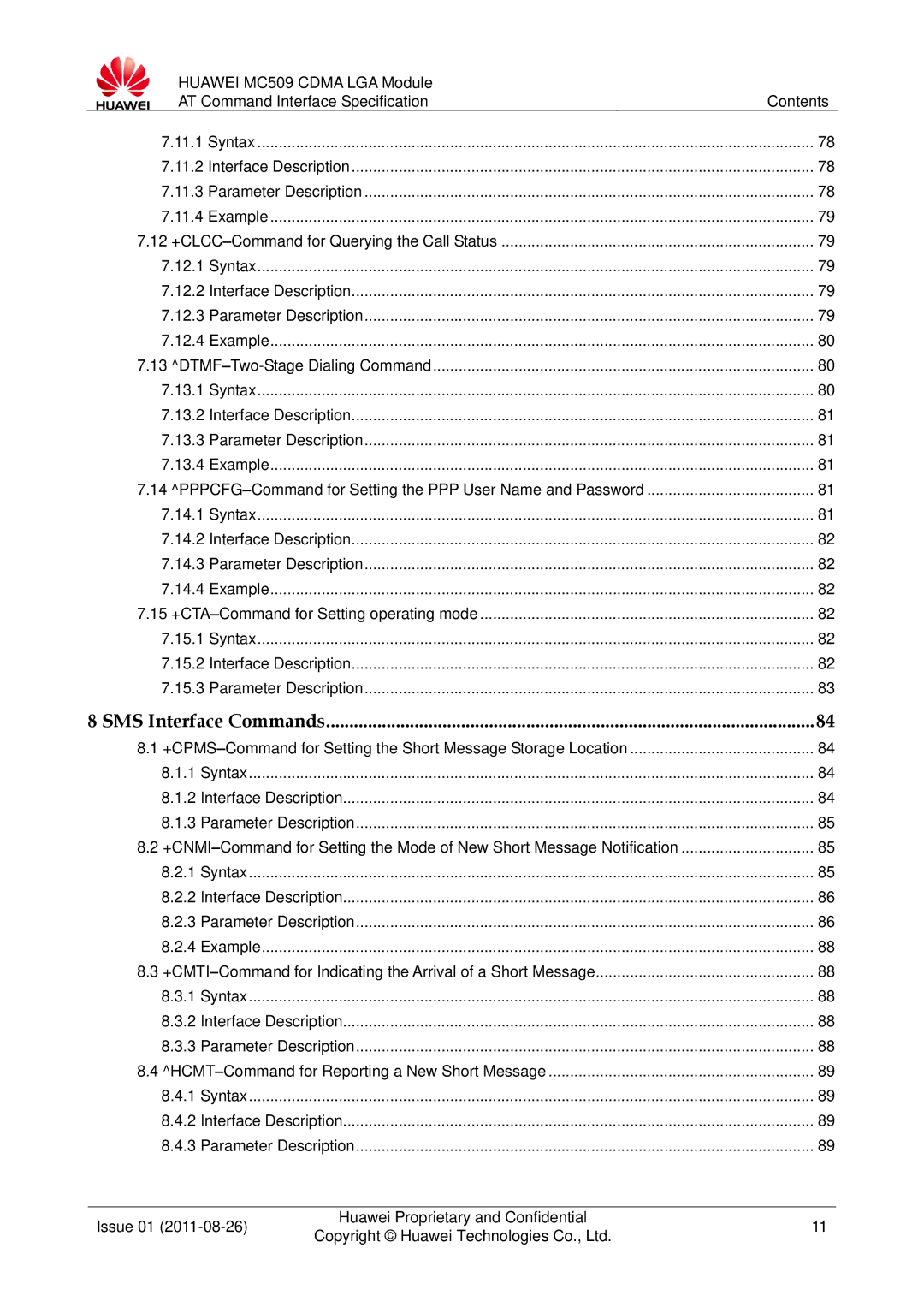 Huawei MC509 manual SMS Interface Commands 