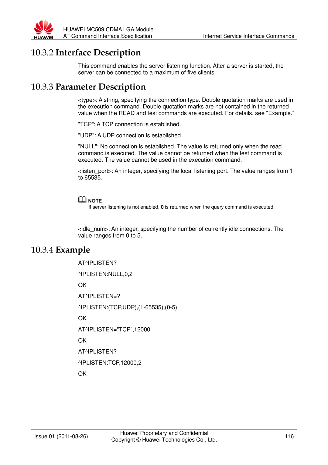 Huawei MC509 manual ATIPLISTEN? IPLISTENNULL,0,2 ATIPLISTEN=?, IPLISTENTCP,UDP,1-65535,0-5 