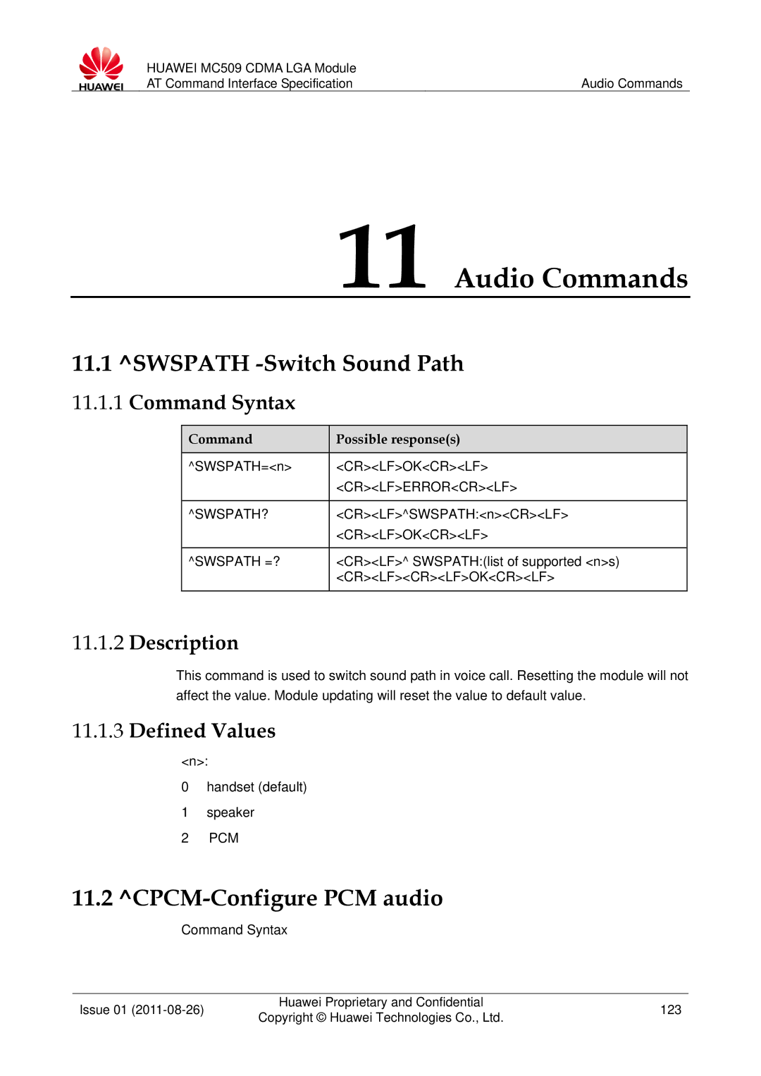 Huawei MC509 manual Audio Commands, Swspath -Switch Sound Path, CPCM-Configure PCM audio 