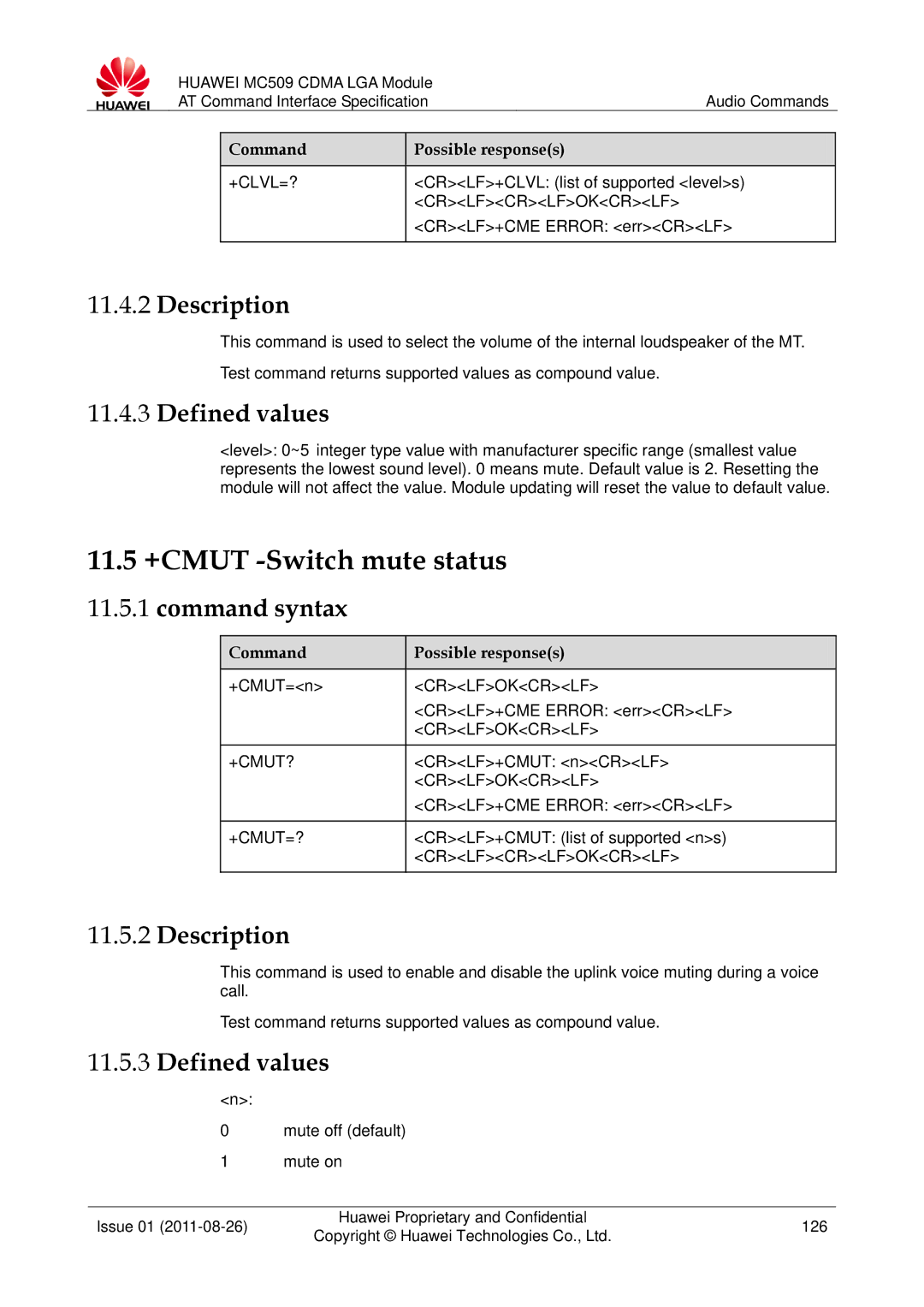 Huawei MC509 manual 11.5 +CMUT -Switch mute status, +Clvl=?, +Cmut?, +Cmut=? 