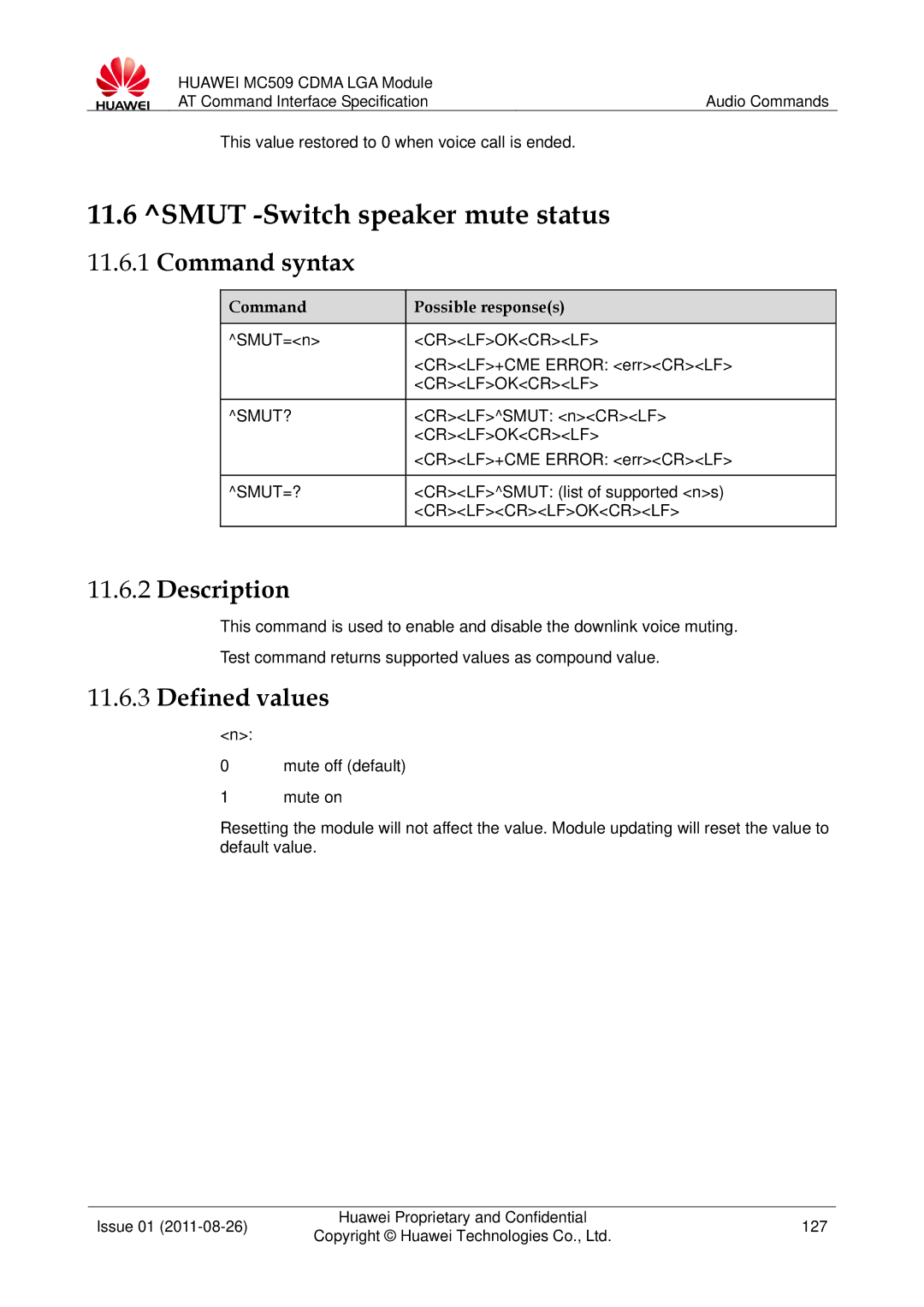 Huawei MC509 manual Smut -Switch speaker mute status, Smut?, Smut=? 