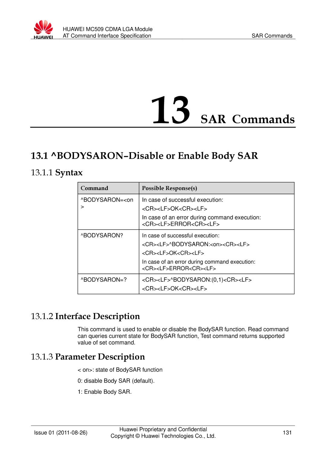 Huawei MC509 manual SAR Commands, BODYSARON-Disable or Enable Body SAR, Crlferrorcrlf Bodysaron ? 