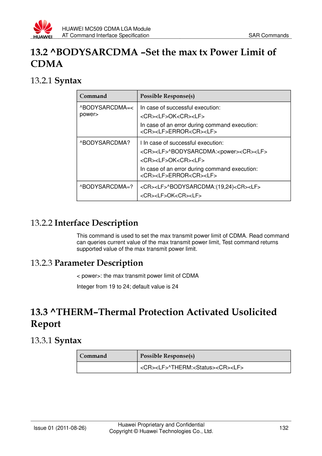 Huawei MC509 Bodysarcdma -Set the max tx Power Limit, THERM-Thermal Protection Activated Usolicited Report, Bodysarcdma= 