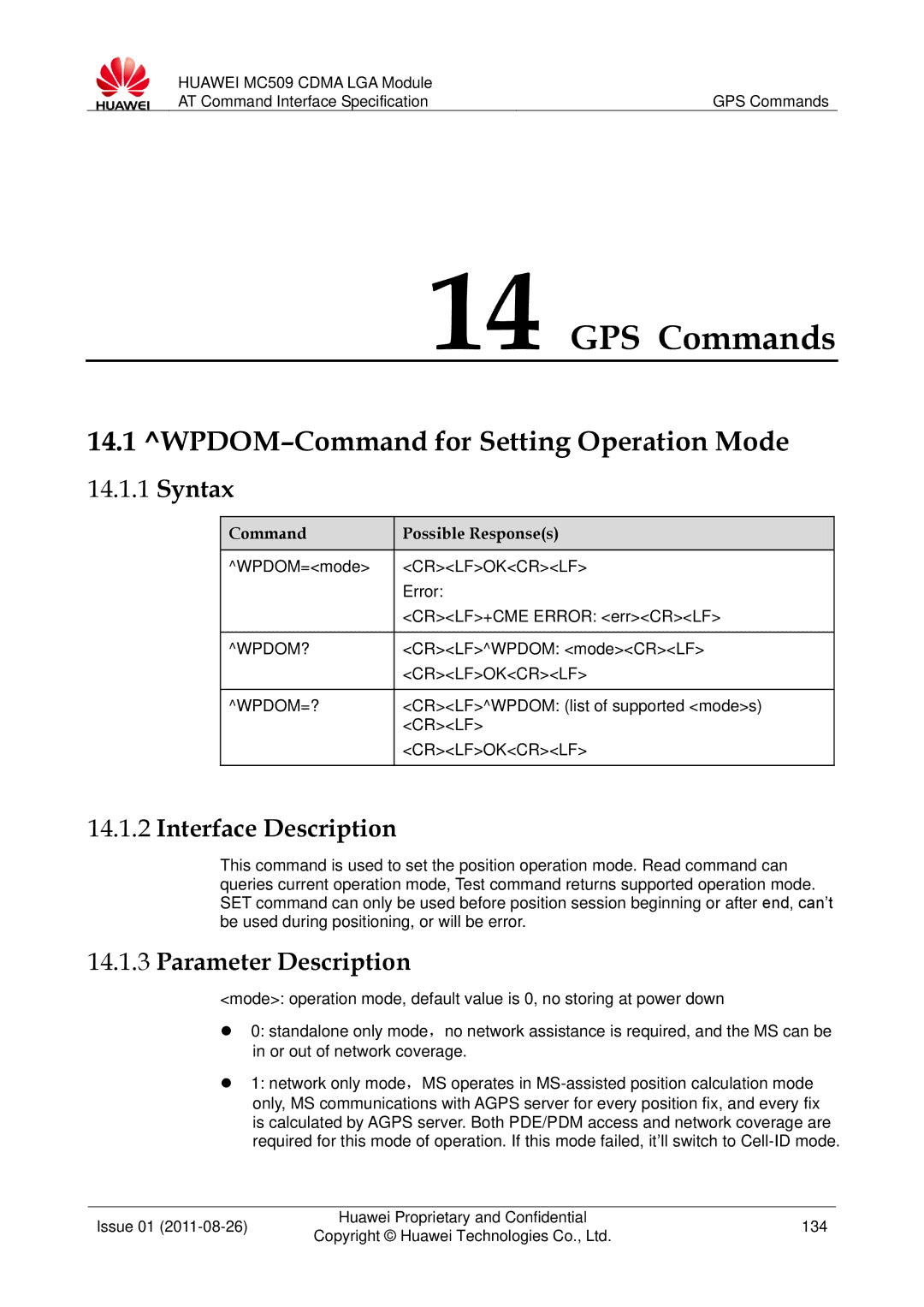 Huawei MC509 manual GPS Commands, WPDOM-Command for Setting Operation Mode, Wpdom?, Crlfokcrlf WPDOM=? 