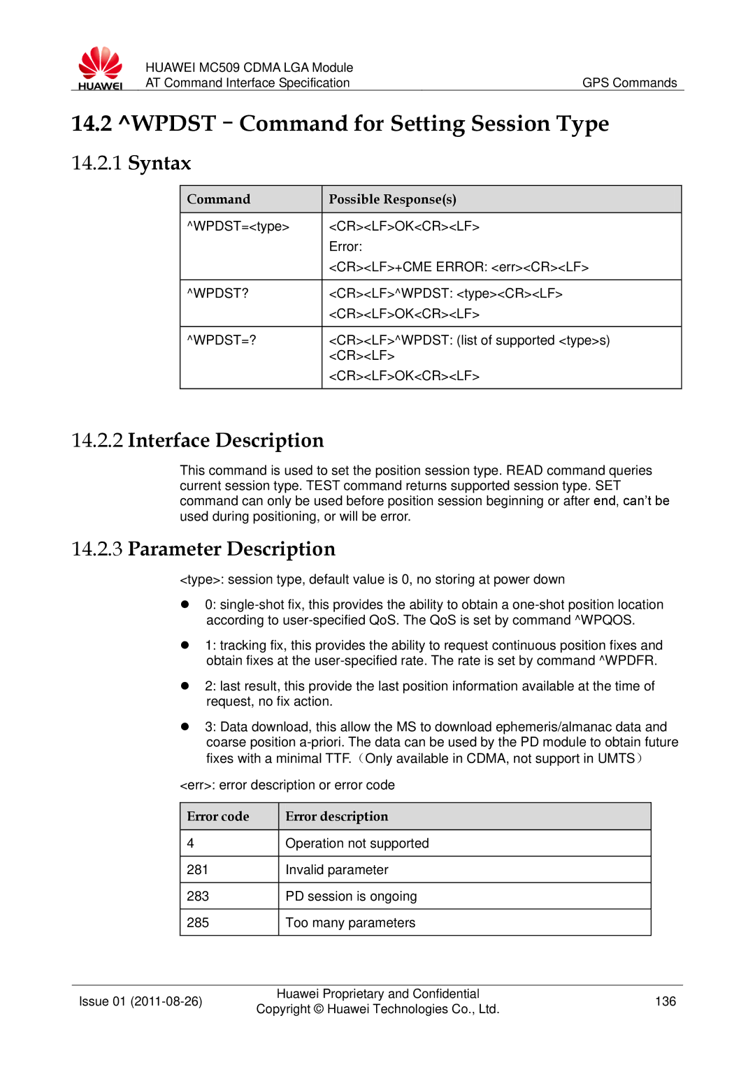 Huawei MC509 manual WPDST-Command for Setting Session Type, Wpdst?, Crlfokcrlf WPDST=?, Error code Error description 