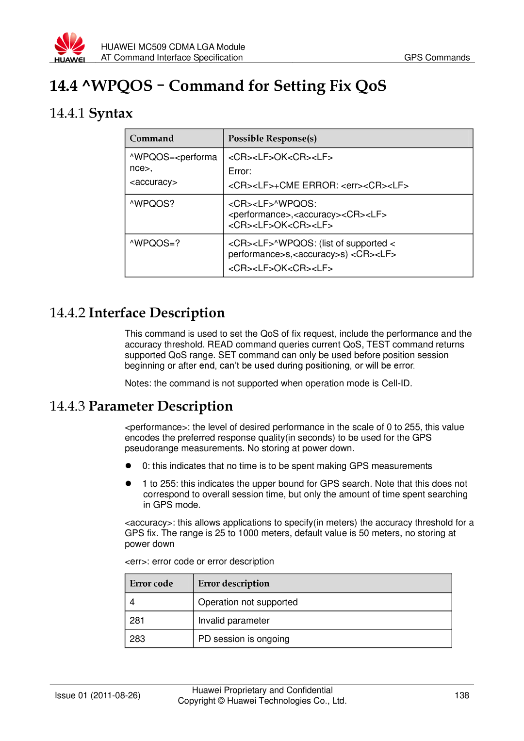 Huawei MC509 manual WPQOS-Command for Setting Fix QoS, WPQOS? Crlfwpqos, Crlfokcrlf WPQOS=? 