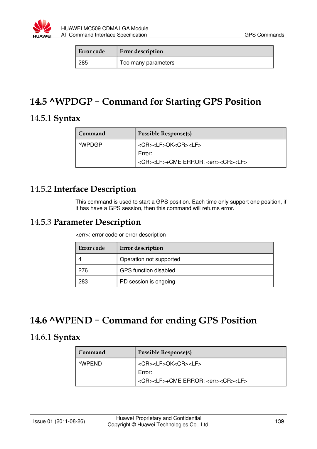 Huawei MC509 manual WPDGP-Command for Starting GPS Position, WPEND-Command for ending GPS Position, Wpdgp Crlfokcrlf 